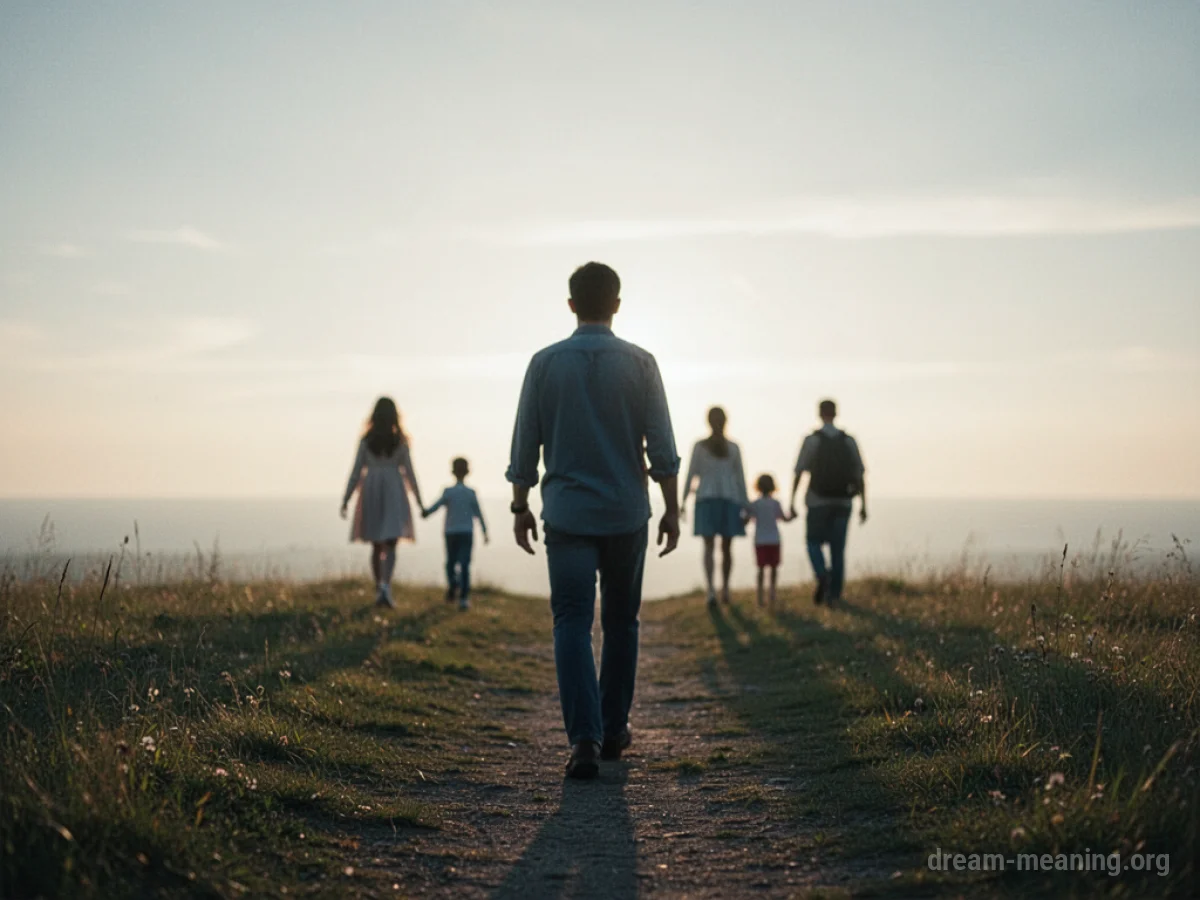 A single figure walking away from a group of blurry figures towards a bright sky.