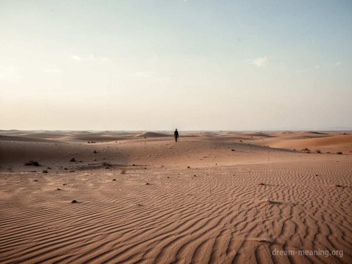 A wide, barren desert landscape with a small figure walking in the distance.