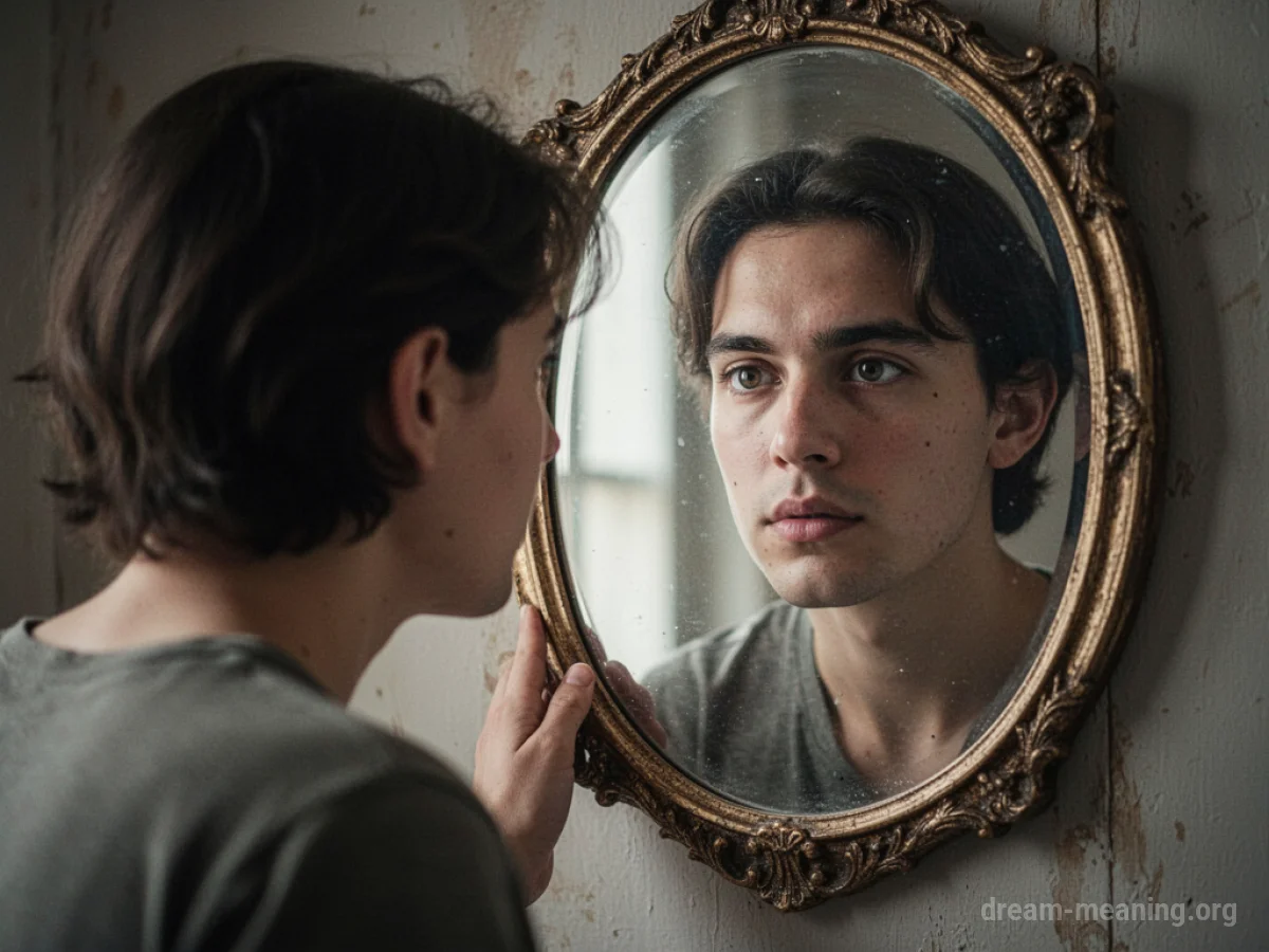 A person's reflection in a mirror shows a face that is not their own.