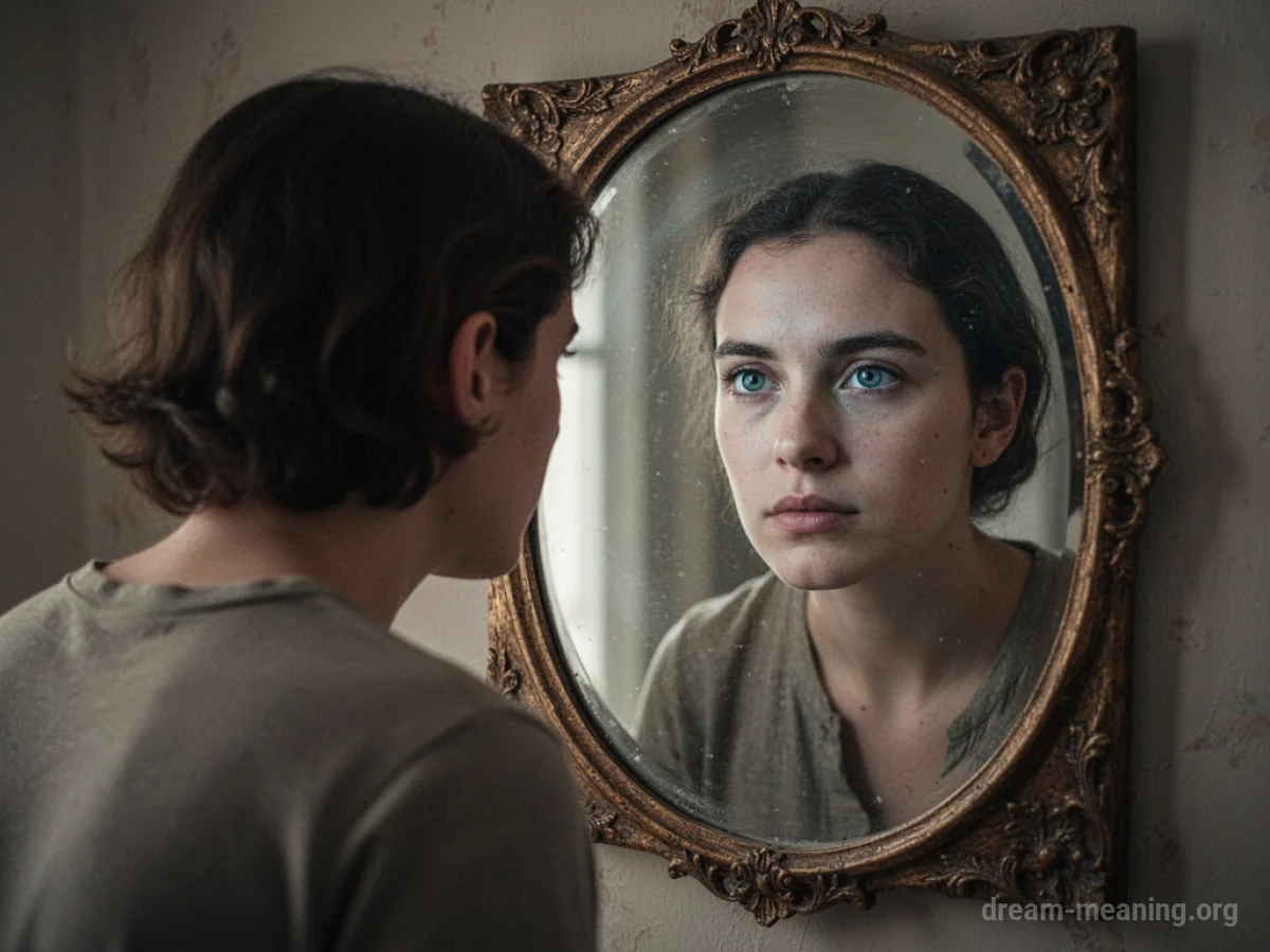 A person's reflection in a mirror shows a different facial appearance.