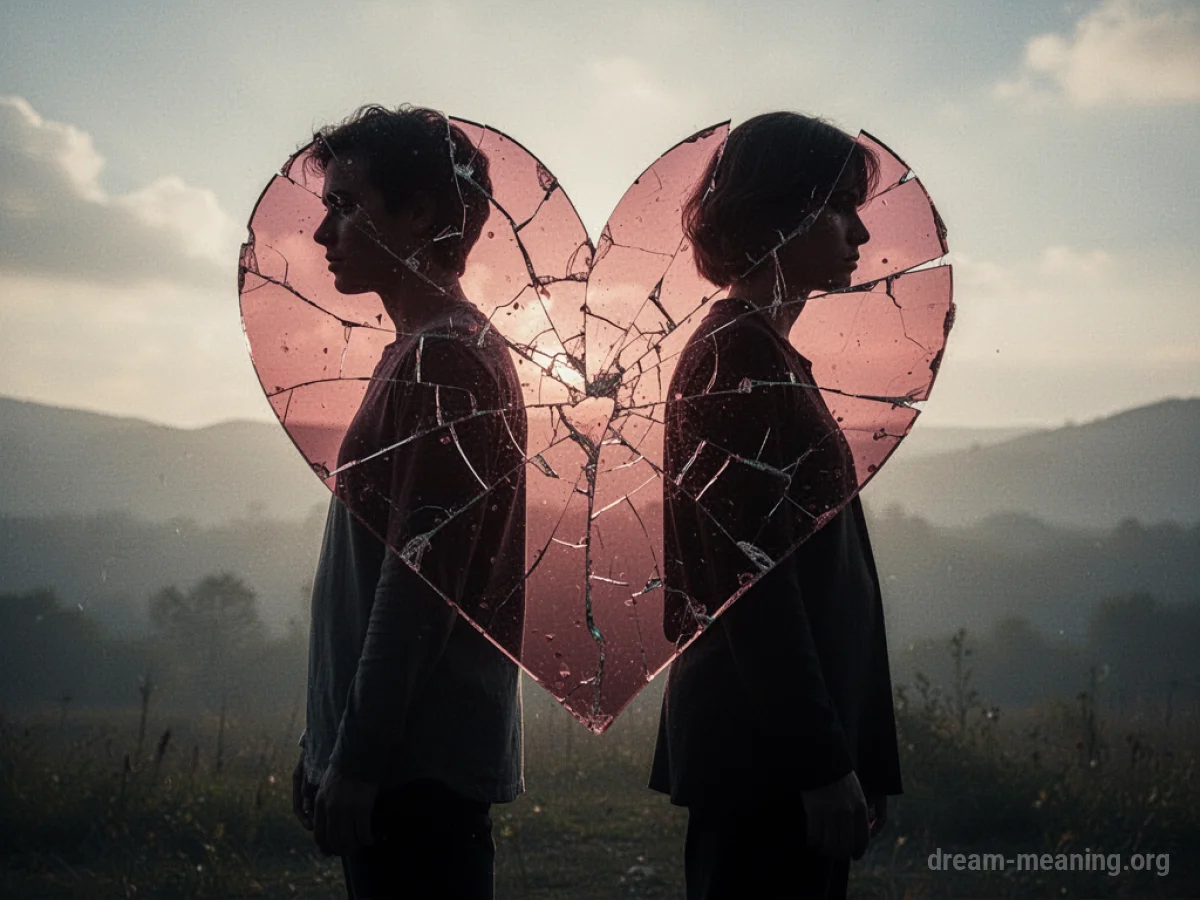 Two silhouetted figures with a cracked heart shape between them.