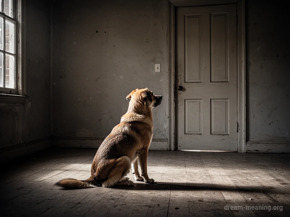 A solitary dog sits in a vacant room, facing a closed door.