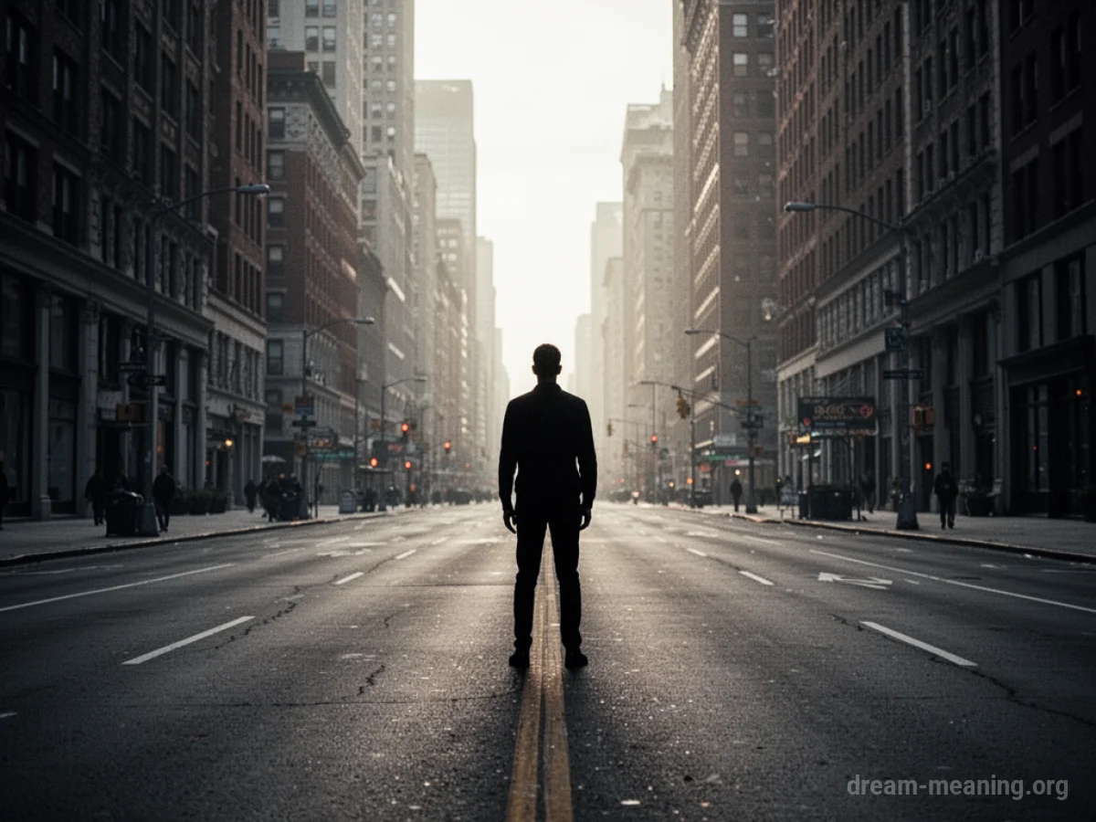 A lone figure stands on a deserted city street.