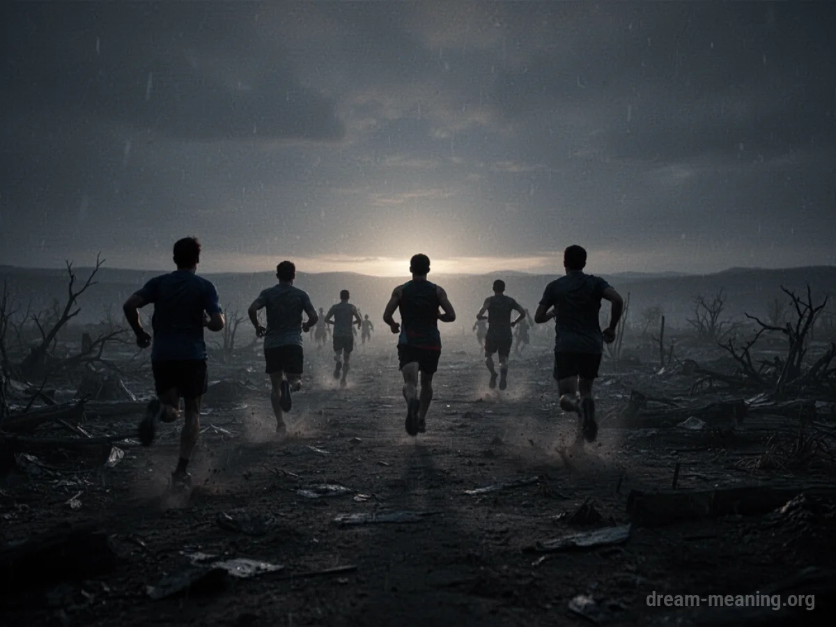 Silhouettes of people running away from a dark area towards a distant light.