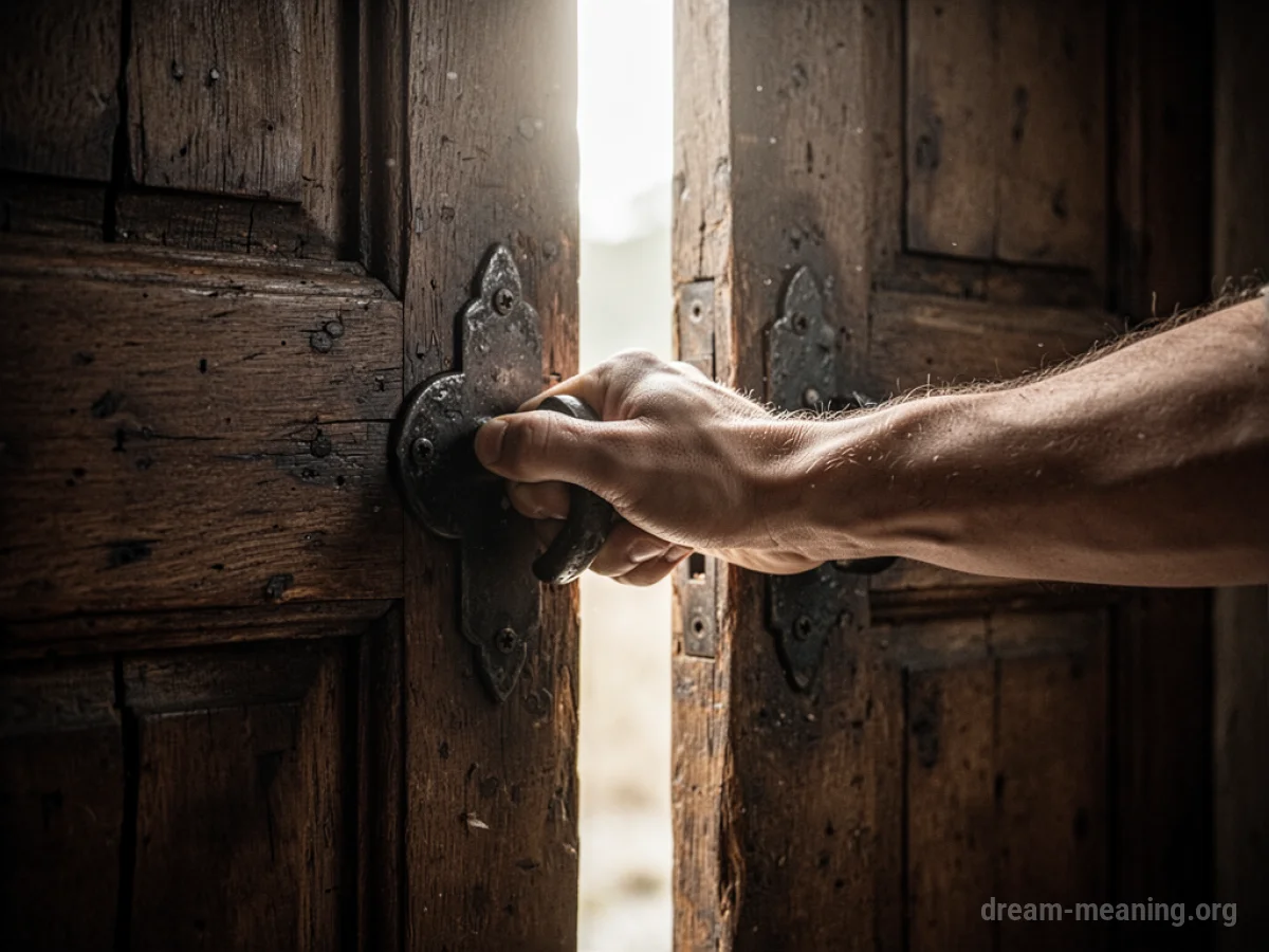 A hand pushing open a dark wooden door with bright light coming through the opening.