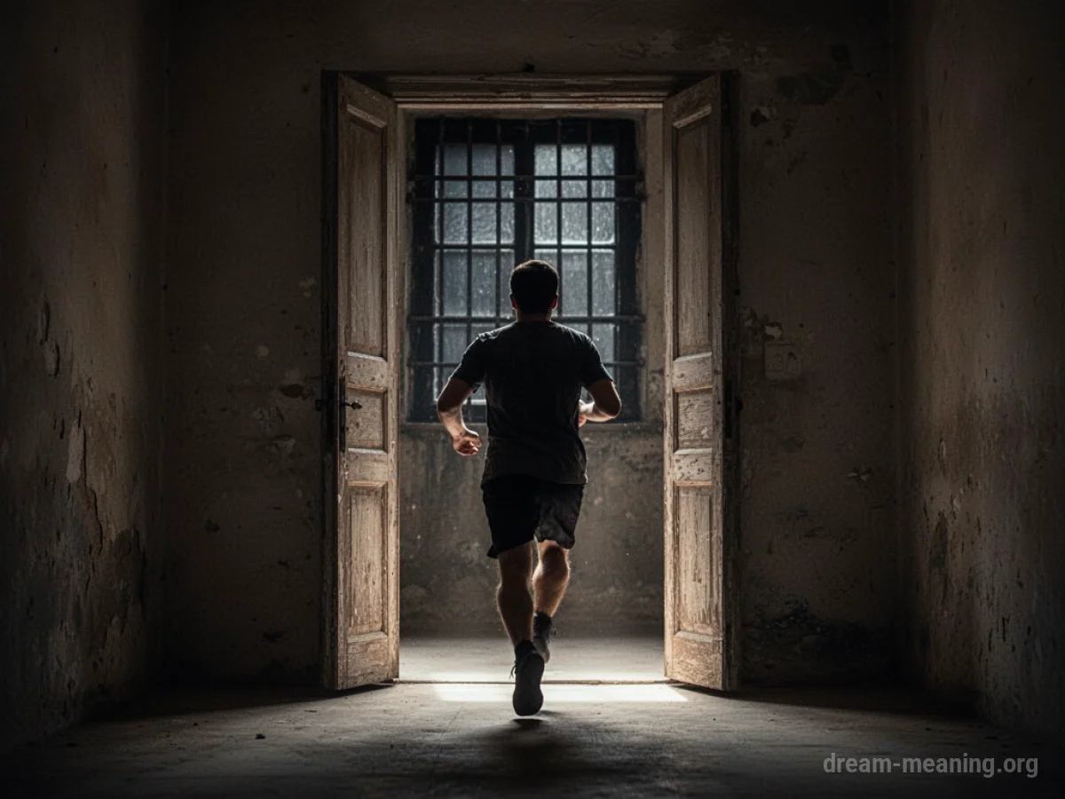 Silhouette of a person running through an open doorway.