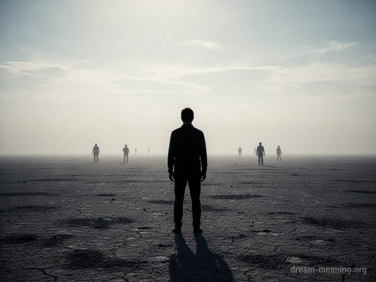 A lone figure stands in an empty field as smaller figures walk away into the distance.