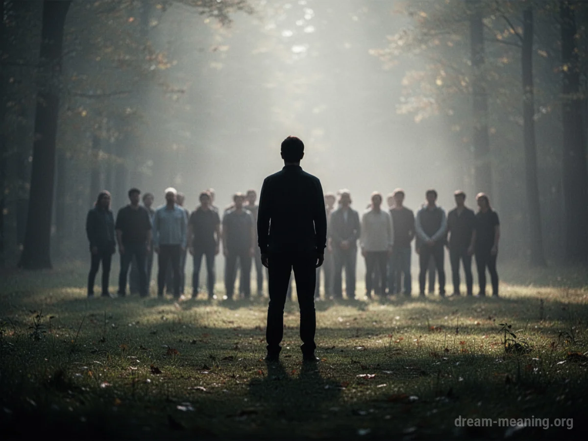 A single silhouette figure separated from a distant group.