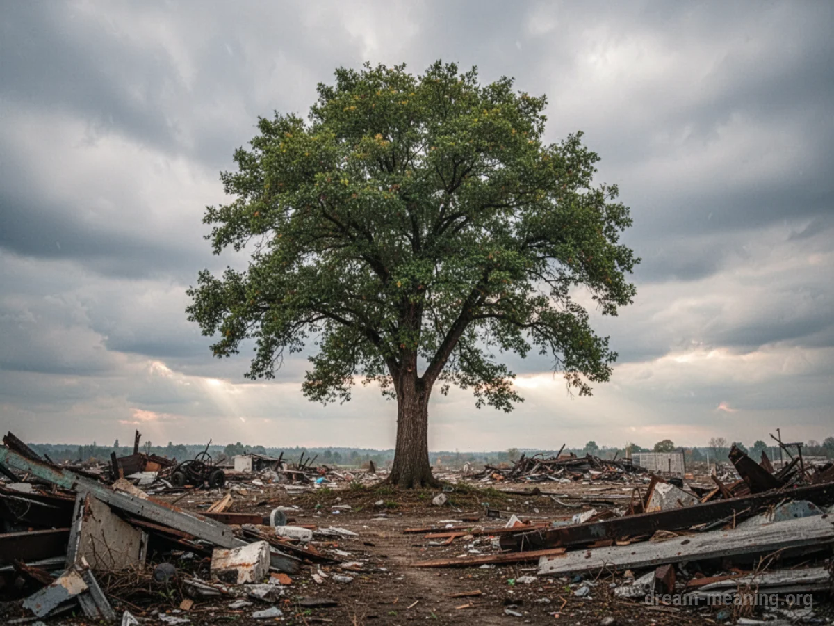 A single tree standing in an area with debris.