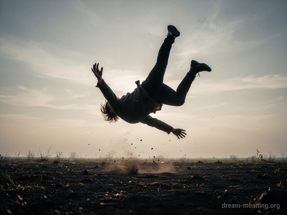 Silhouette of a person falling through empty space towards a dark surface.