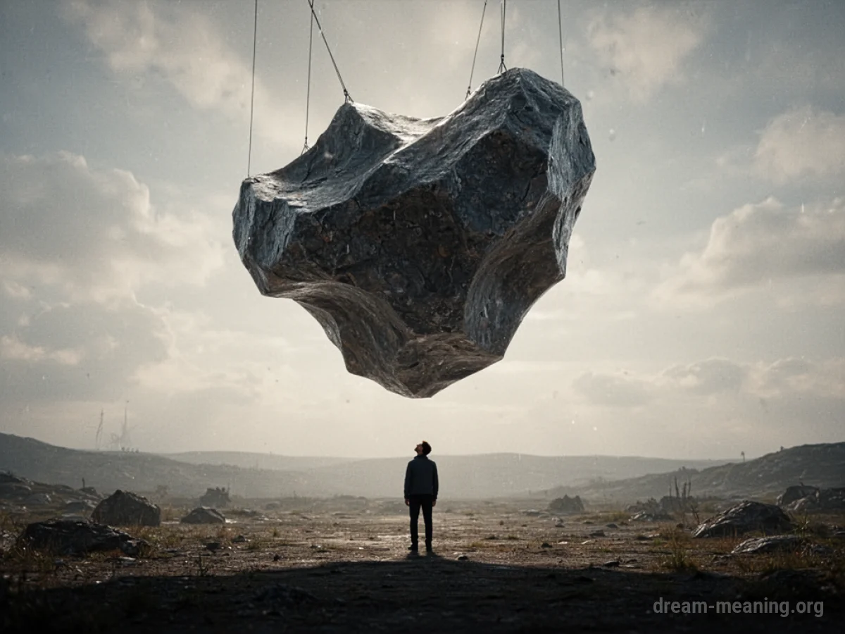 A large geometric shape hanging in the air over a distant, small silhouette.