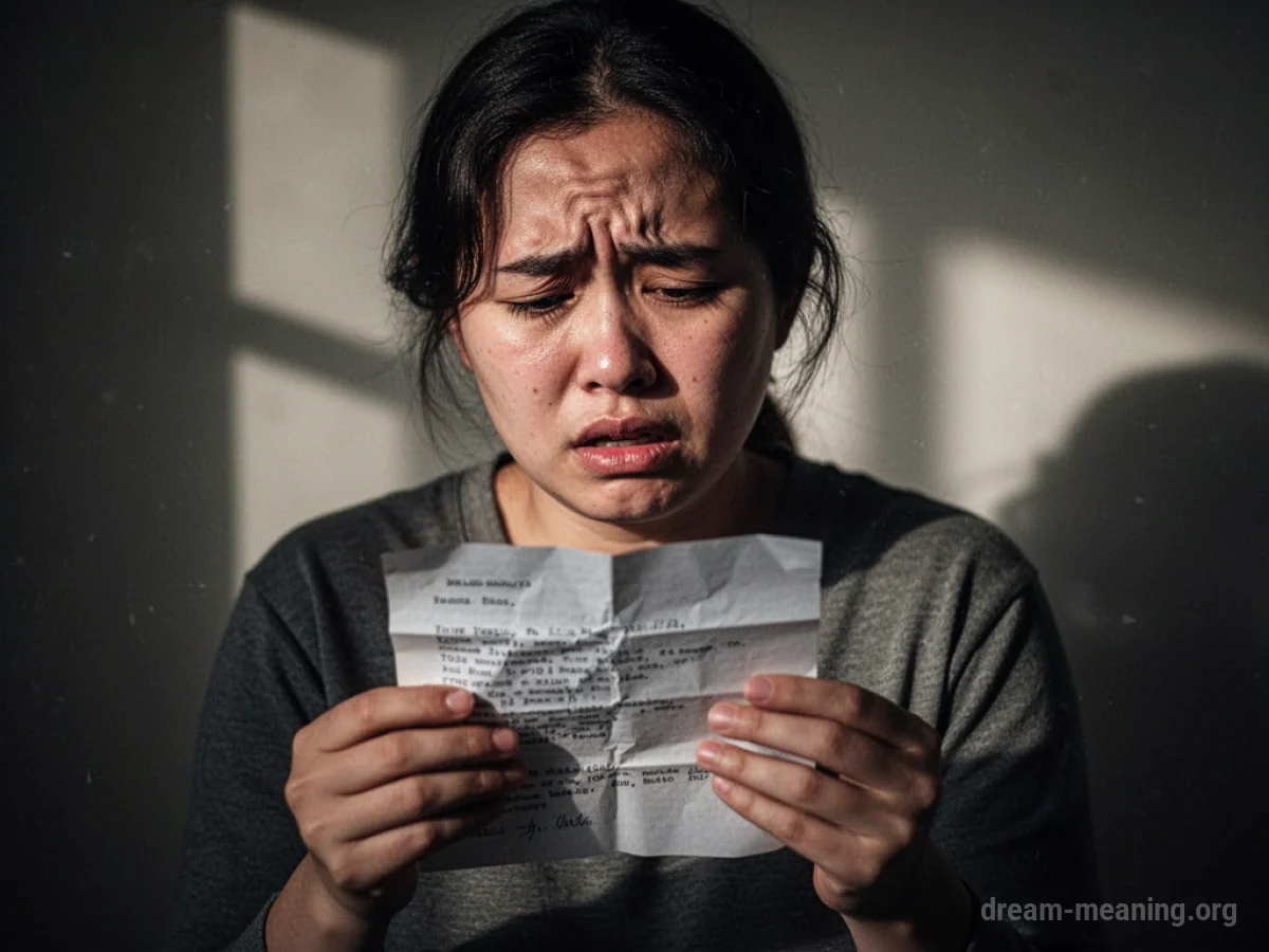 Person looking distressed holding a crumpled letter with shadows behind them.