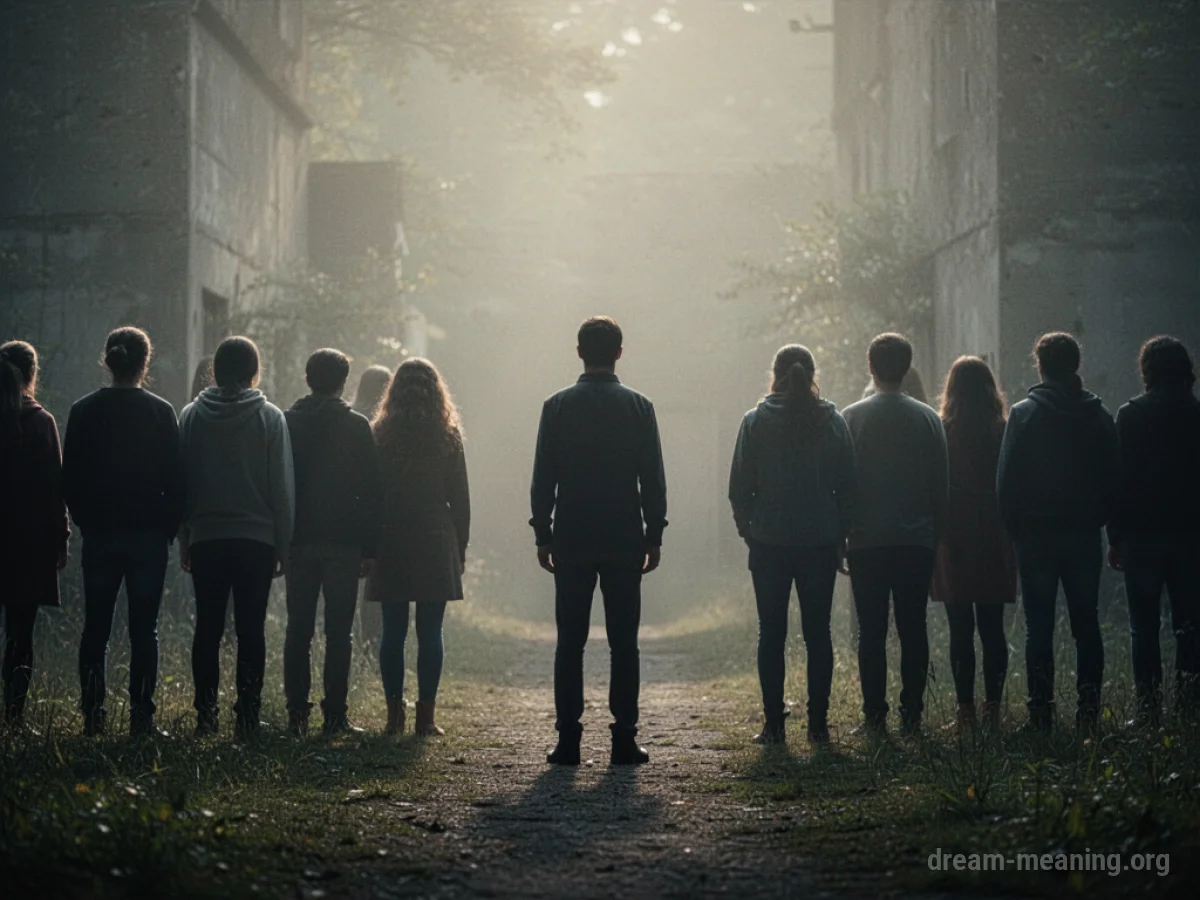 A person stands apart from a group of indistinct figures.