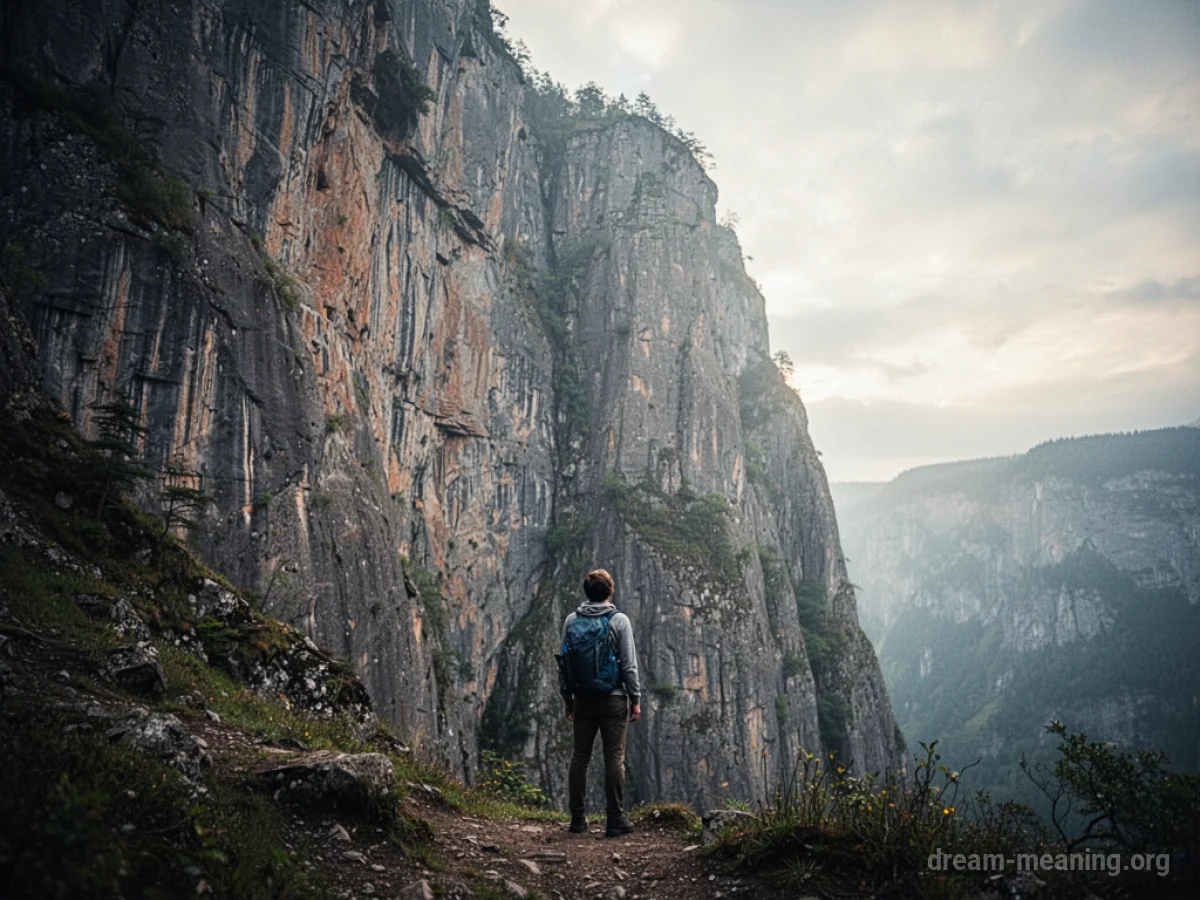 A lone figure gazes up at a very high cliff face.