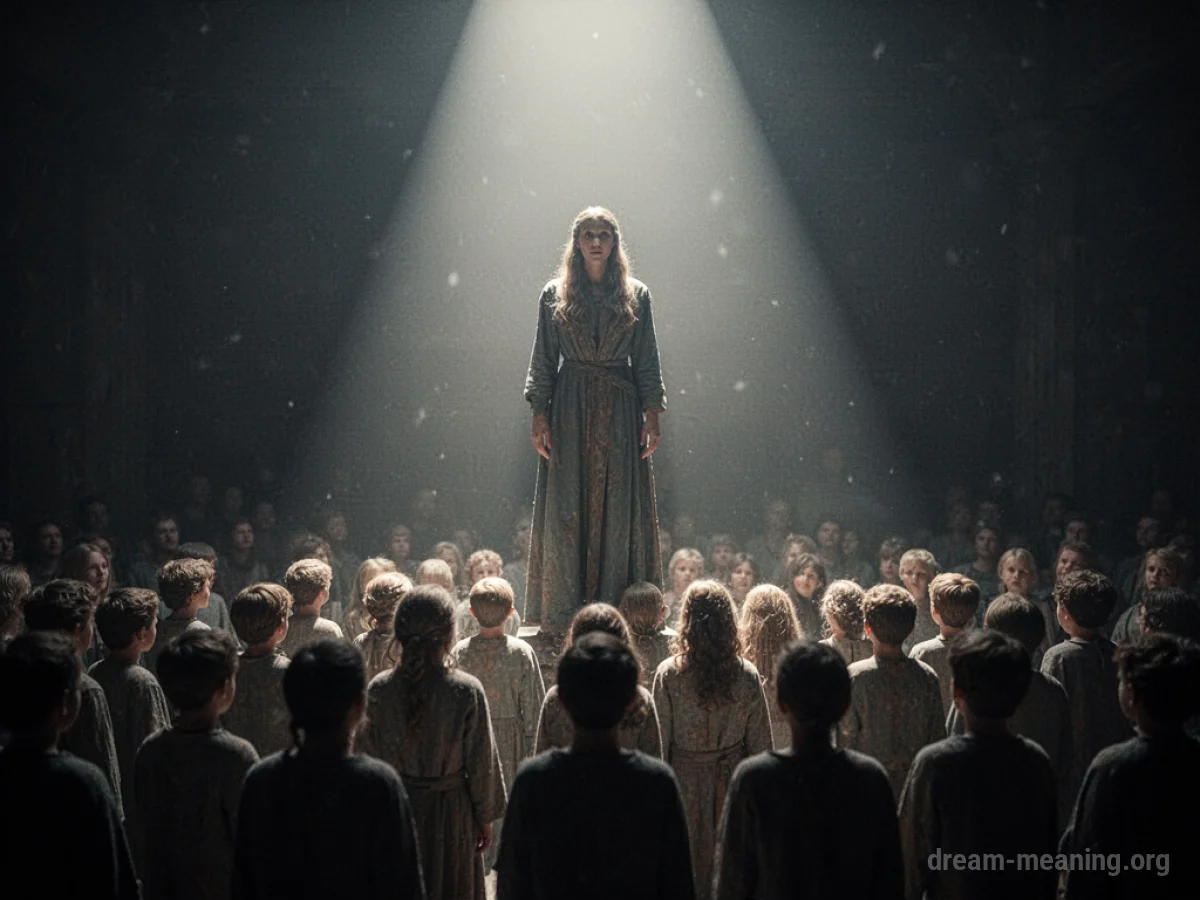 A person stands elevated above a group of silhouetted figures.