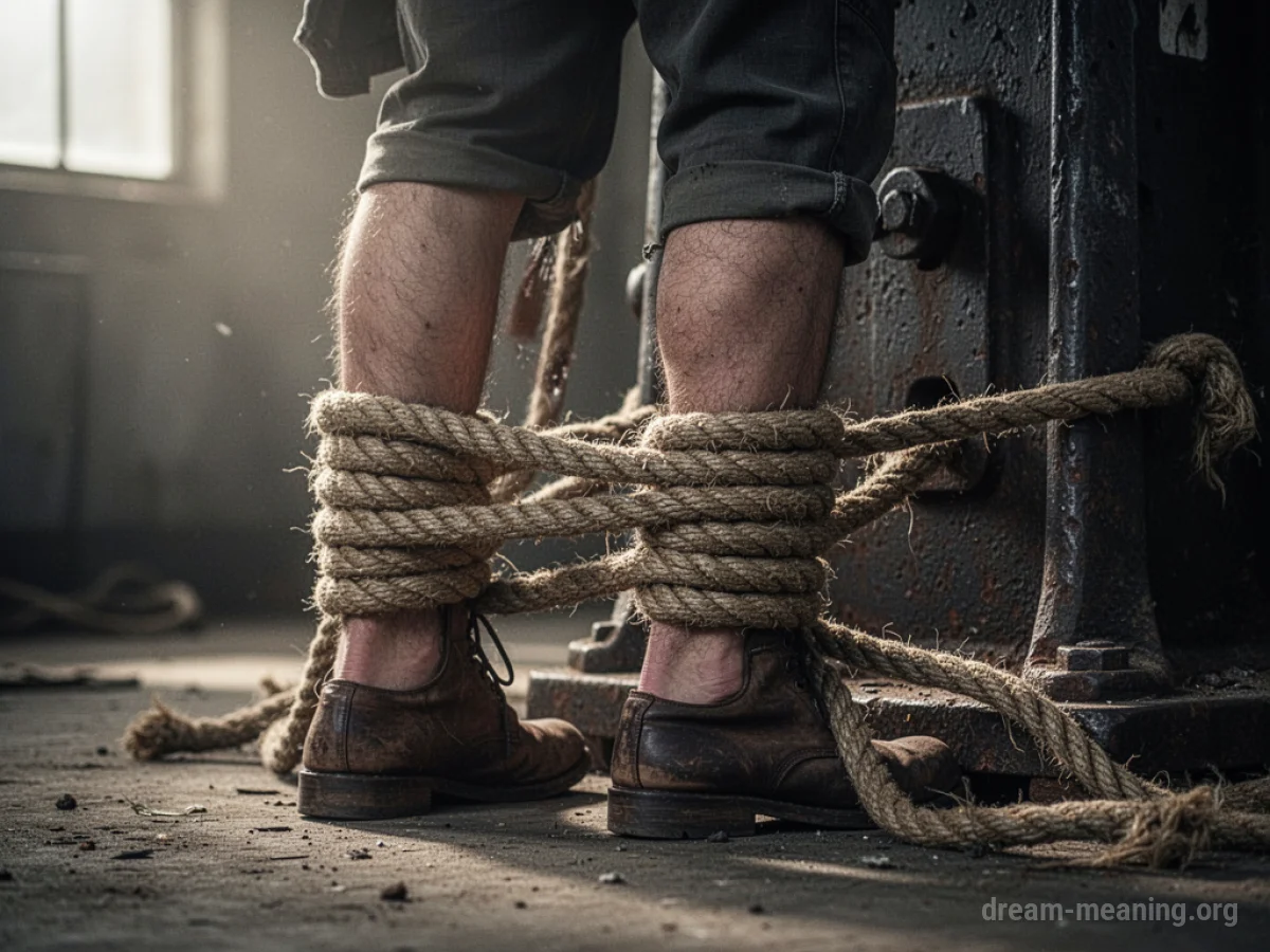 A person's legs are tied with ropes to a large, dark boulder.
