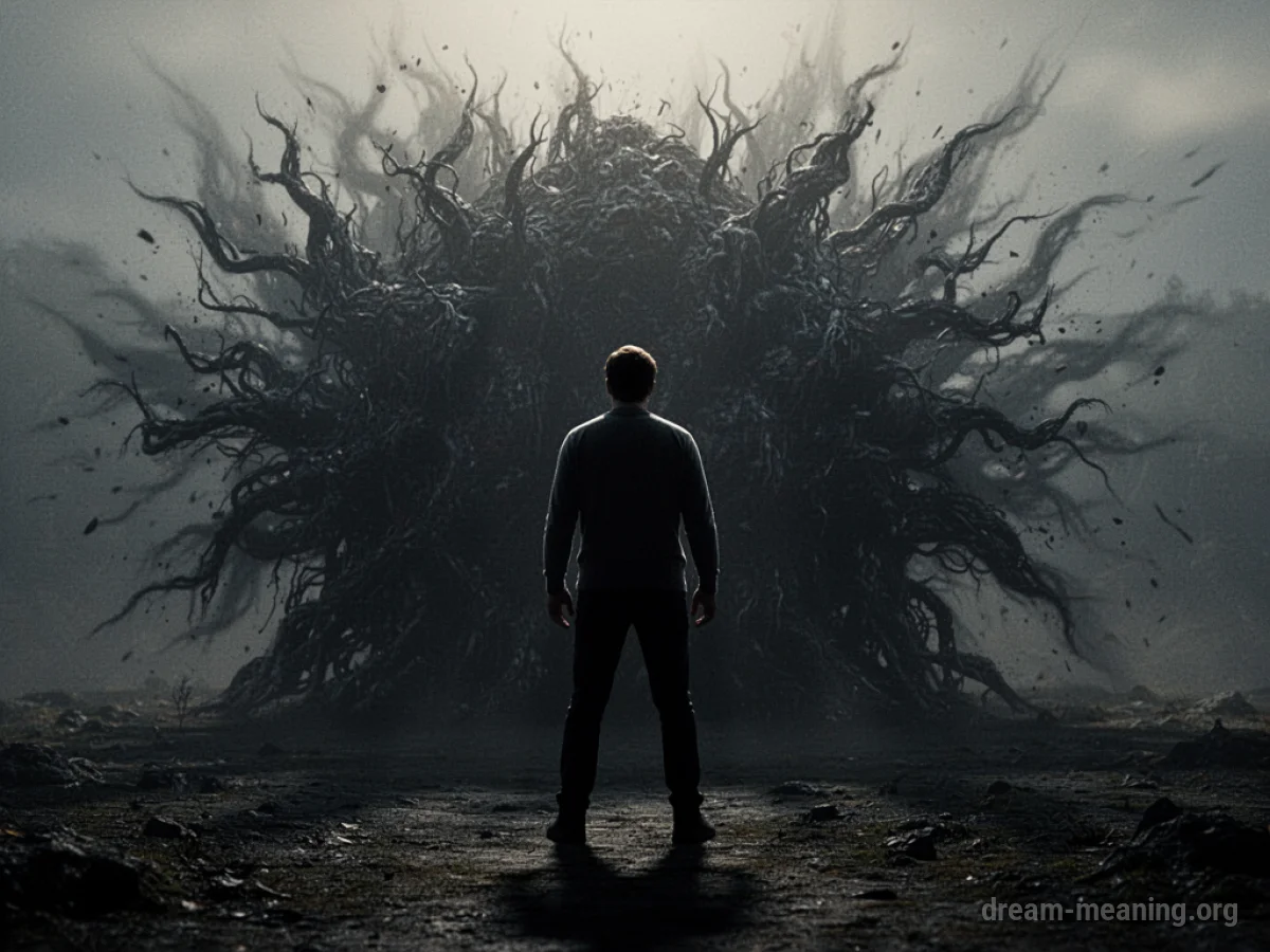 Silhouette of a person standing against a shadowy, encroaching mass.