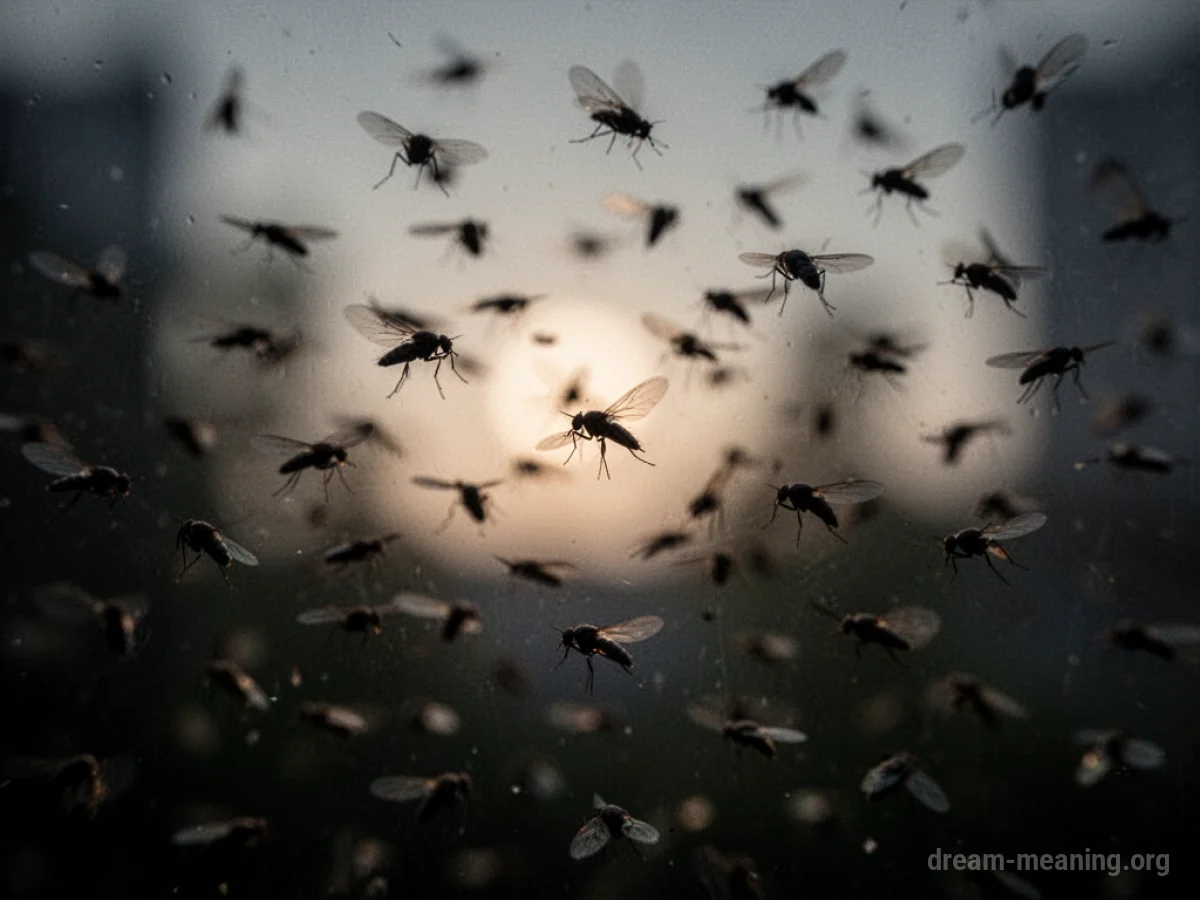 A dark silhouette of many small flying insects against a blurred background.