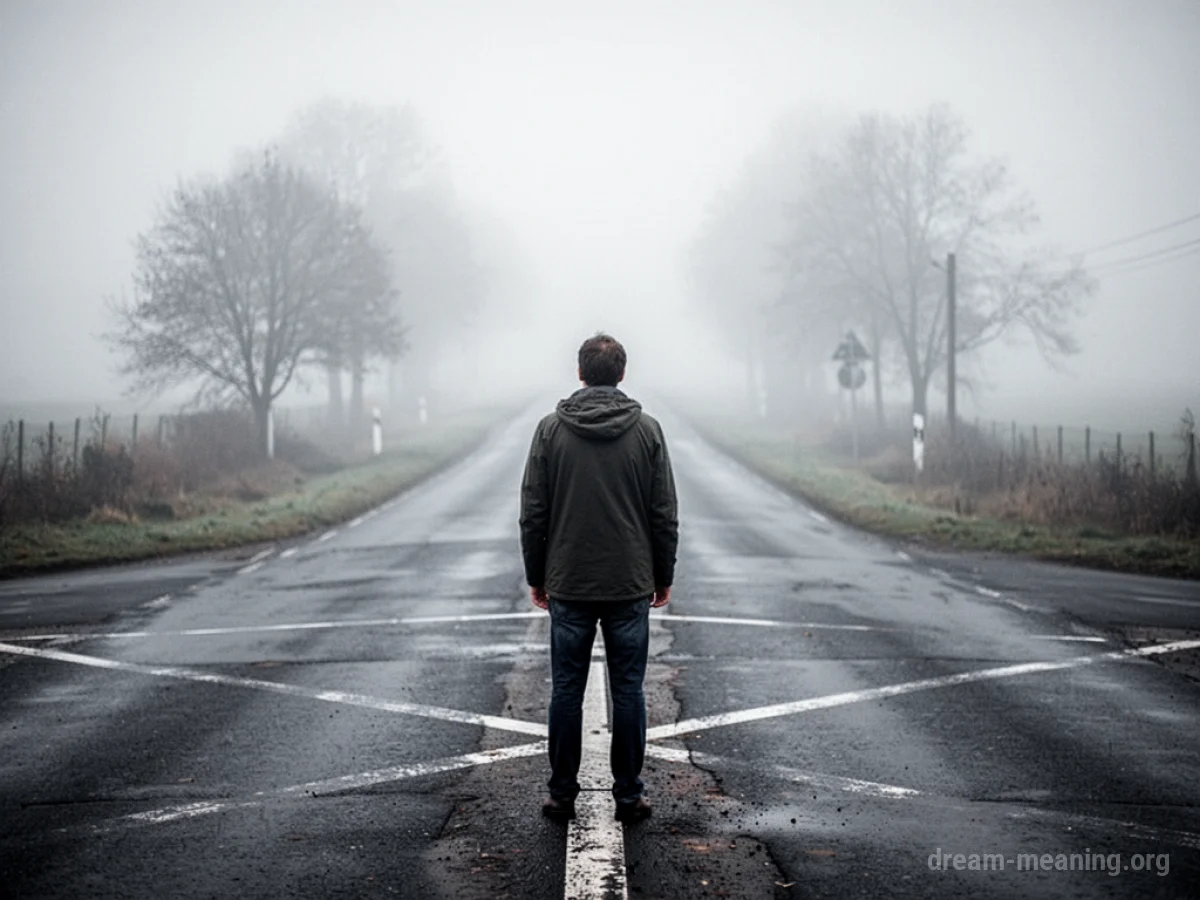 A person stands at a foggy crossroads with indistinct paths.