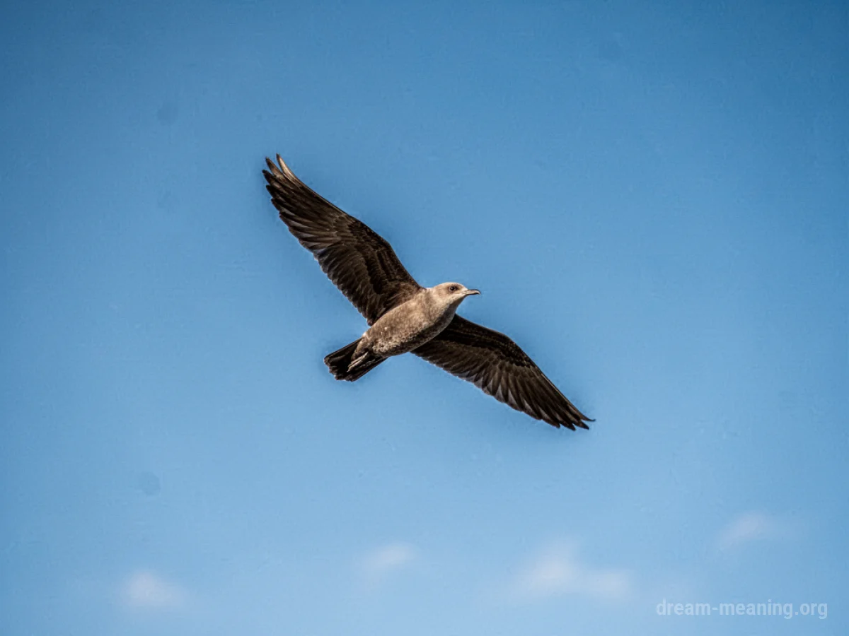 A bird flying high in a clear sky.