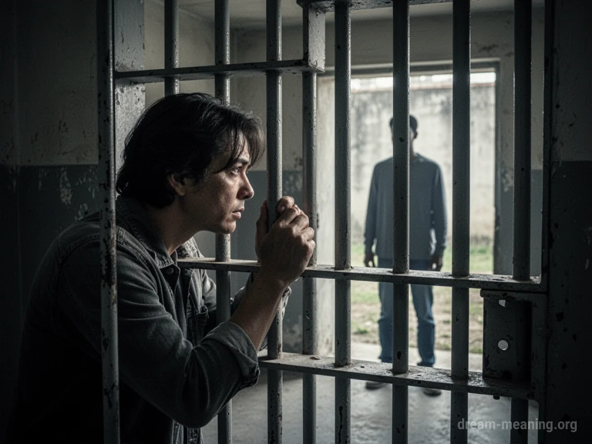 A person peers through prison bars at a distant figure.