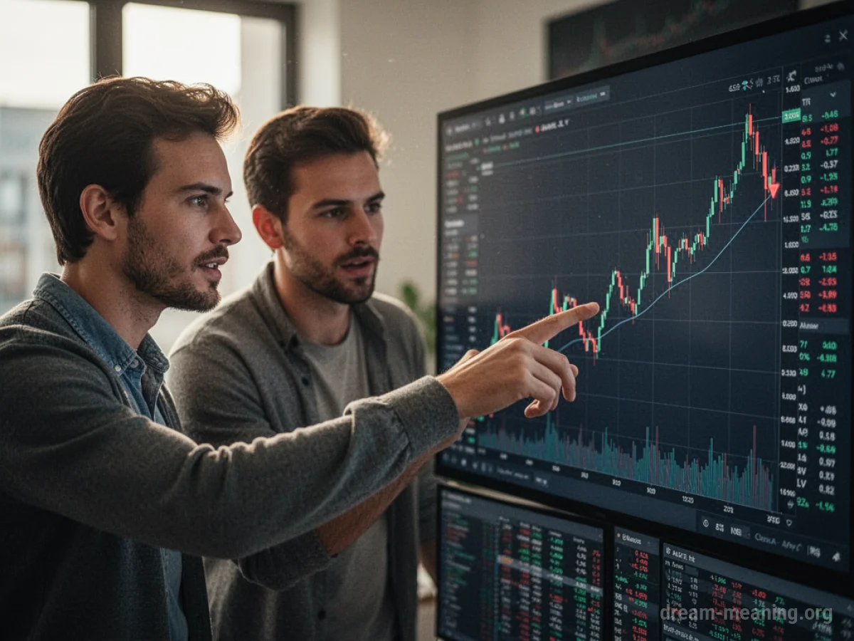 Two people, one pointing at a graph with upward trending lines.