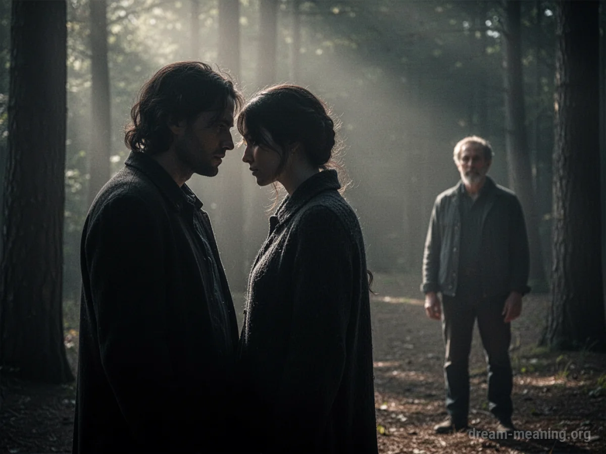 Silhouettes of three people, with two figures in close proximity and one standing apart.