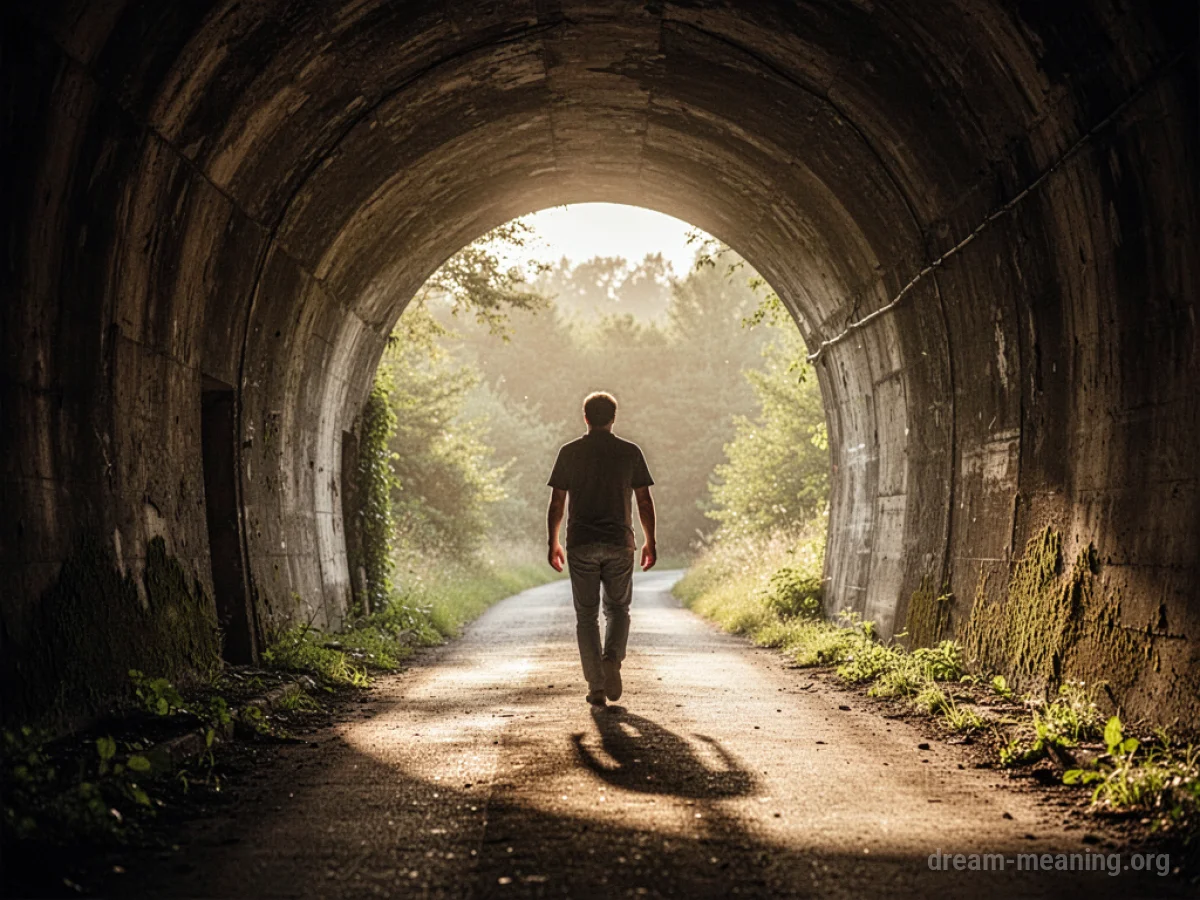 A silhouette of a person emerging from a dark tunnel into a bright, sunny landscape.