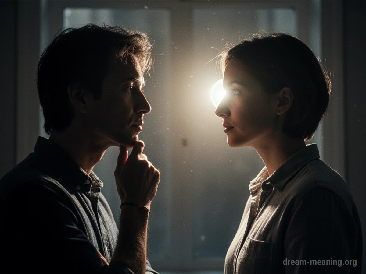 Silhouette of one person observing another illuminated by light.