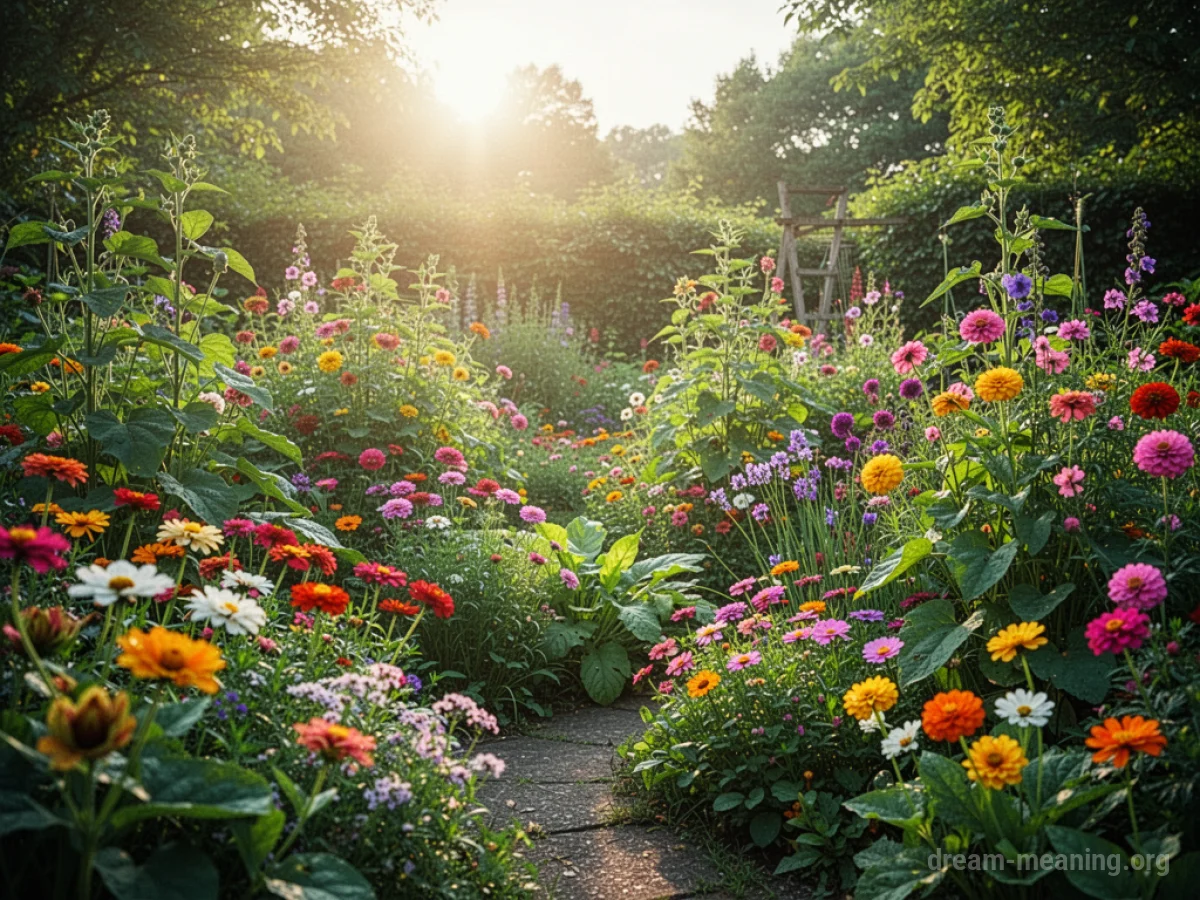 A close-up view of a flourishing garden with vibrant flowers and healthy green leaves.
