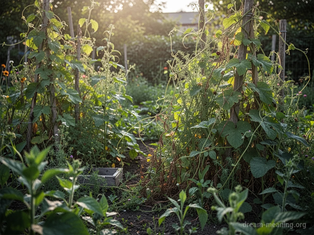 Overgrown weeds and vines creeping into a garden space.