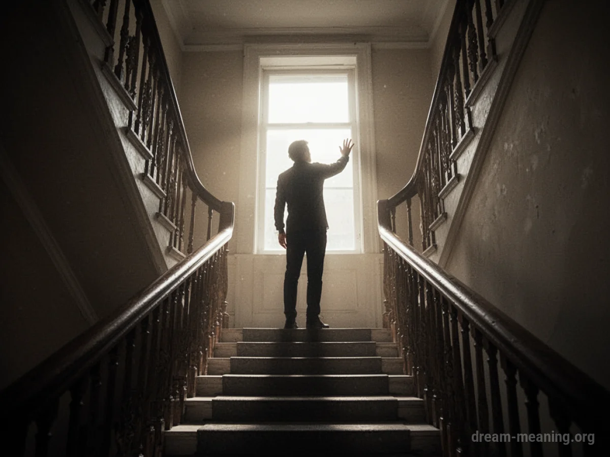 Silhouette of a person on a staircase looking up towards a light.
