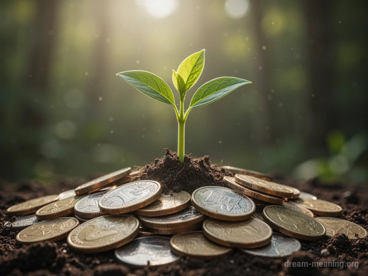 A small plant growing out of a stack of gold coins.