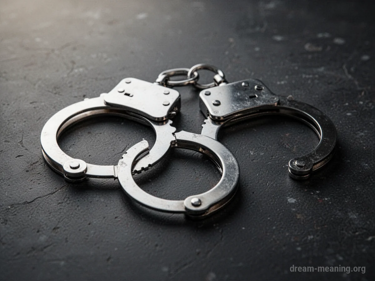 A close-up view of metal handcuffs on a dark surface.