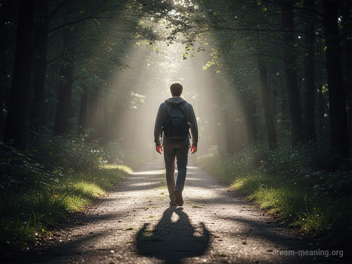 Silhouette of a person walking away from darkness into a bright, sunlit clearing.