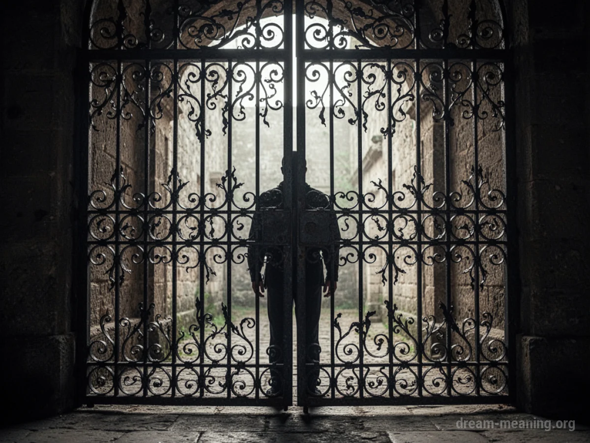 Silhouette of a person behind a barred gate.