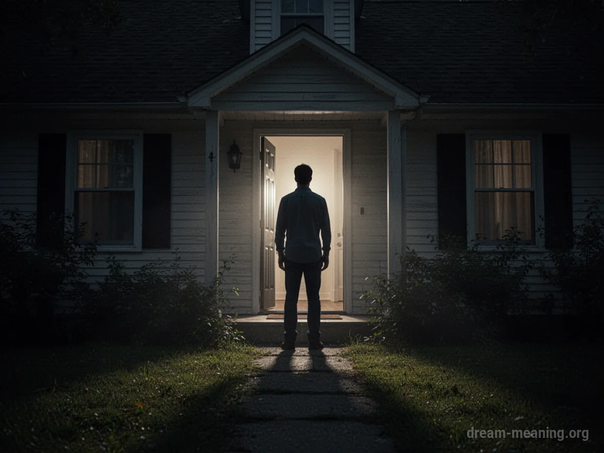 Silhouette of a person at a house doorway with encroaching shadows outside.
