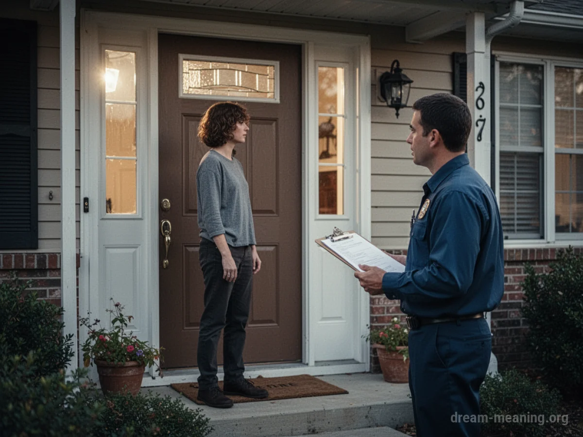 A person looking at an inspector at the front door of a house.