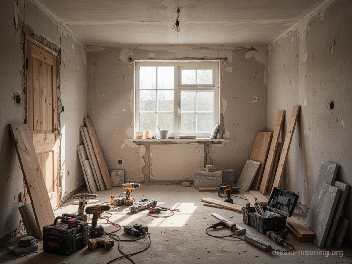 Interior of a house undergoing renovation with tools and materials.