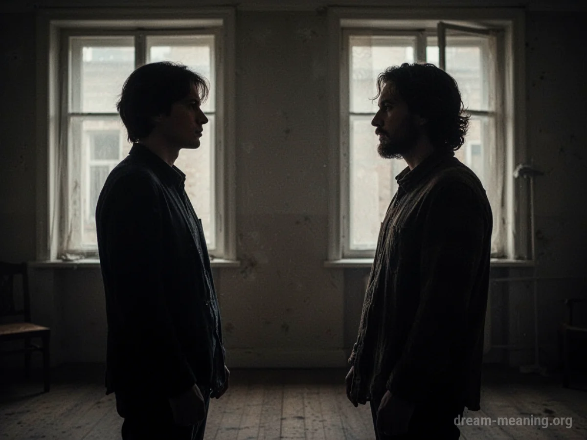 Two silhouetted figures in a dimly lit room, one looking away from the other.