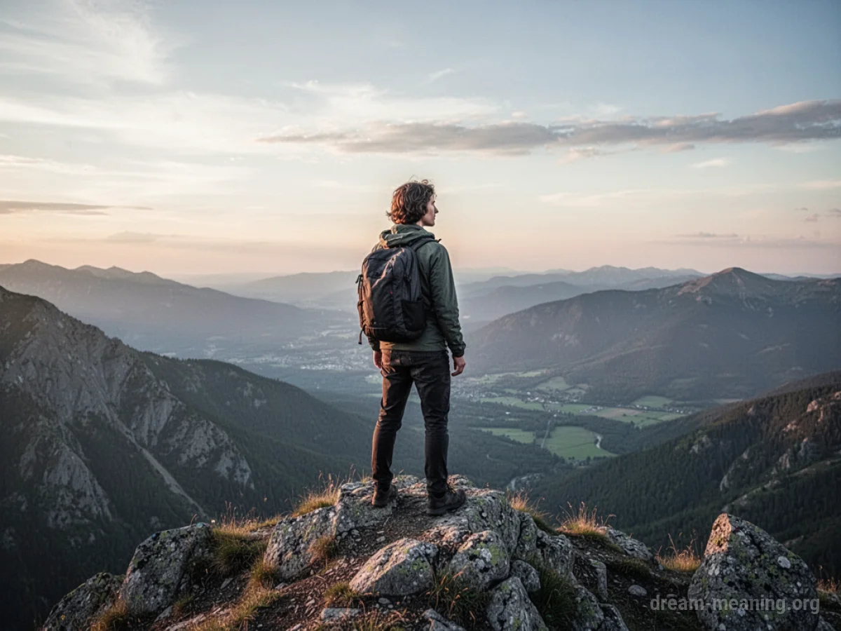 A person stands alone on a mountain summit.