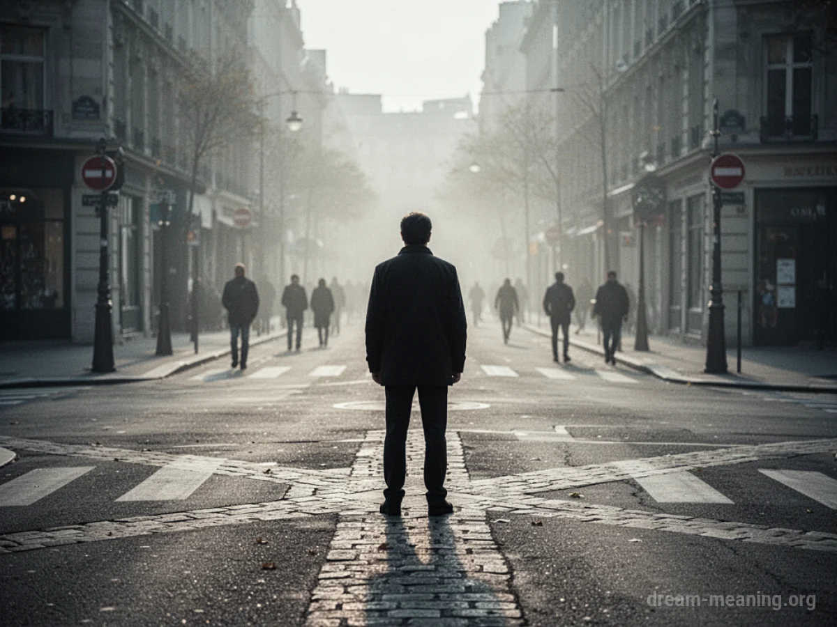 A single person stands at a diverging path with blurry figures in the background.