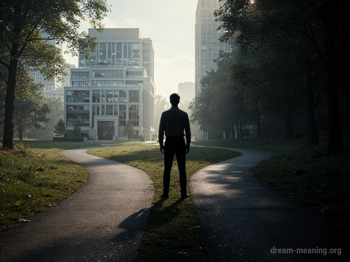 Silhouette of a person standing at a crossroads with an office building in the distance.