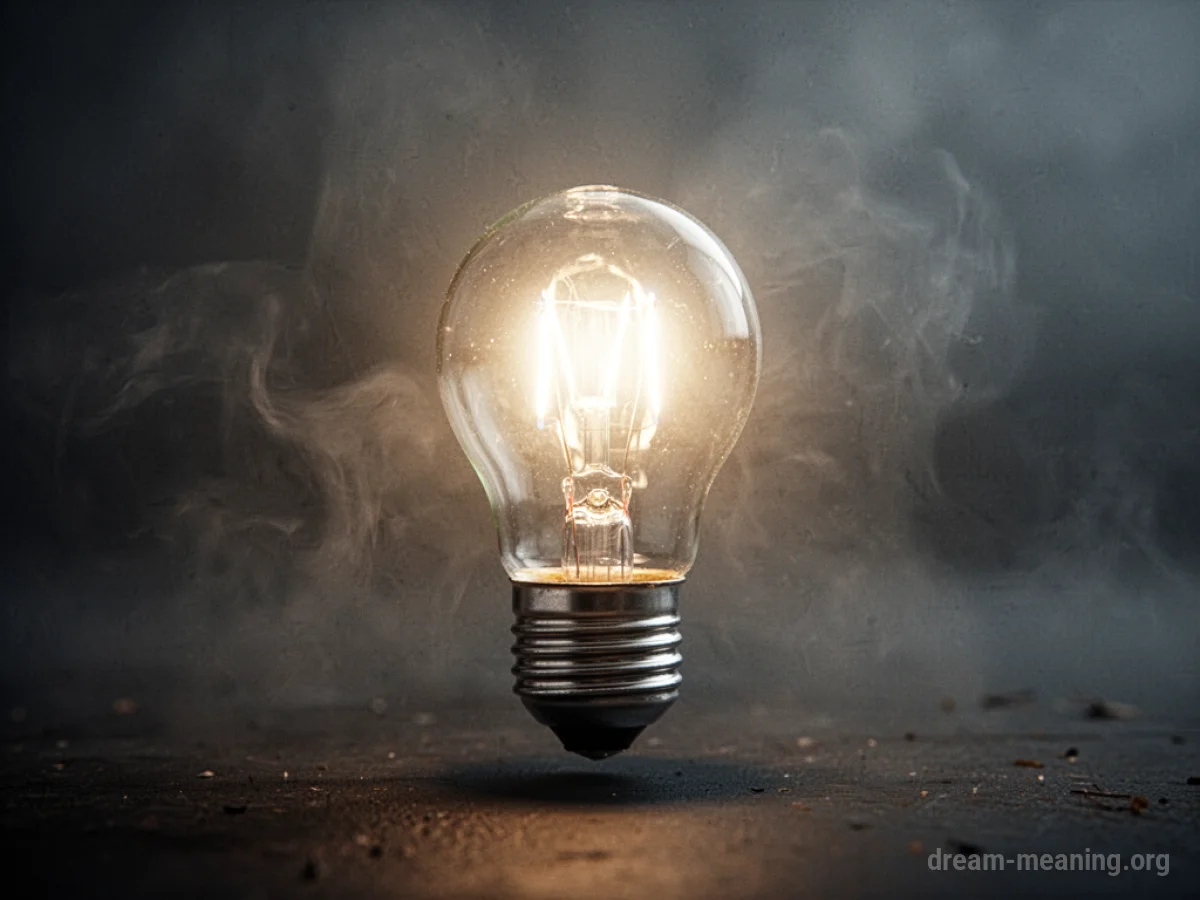 A glowing lightbulb emerges from dense fog.