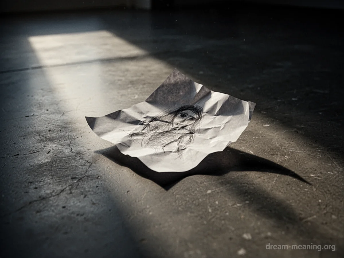 A crumpled piece of paper with a drawing on a dark floor.