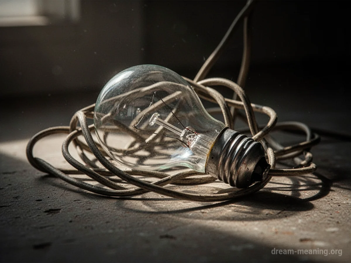 A lightbulb with a knotted cord in dim lighting.