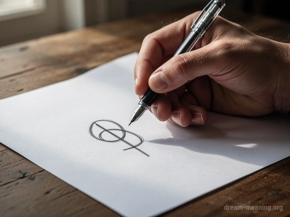 A hand holding a pen over a piece of paper with a drawn symbol.