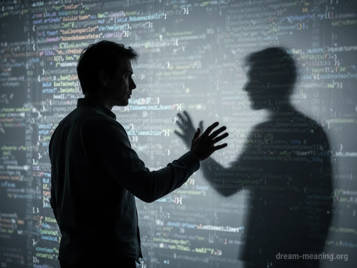 A shadowy figure stands near a silhouette of a person against a backdrop of digital code.
