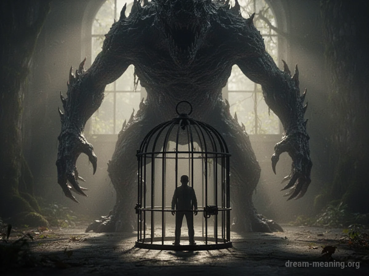A large, dark, indistinct monster shape stands over a small human silhouette inside a cage.