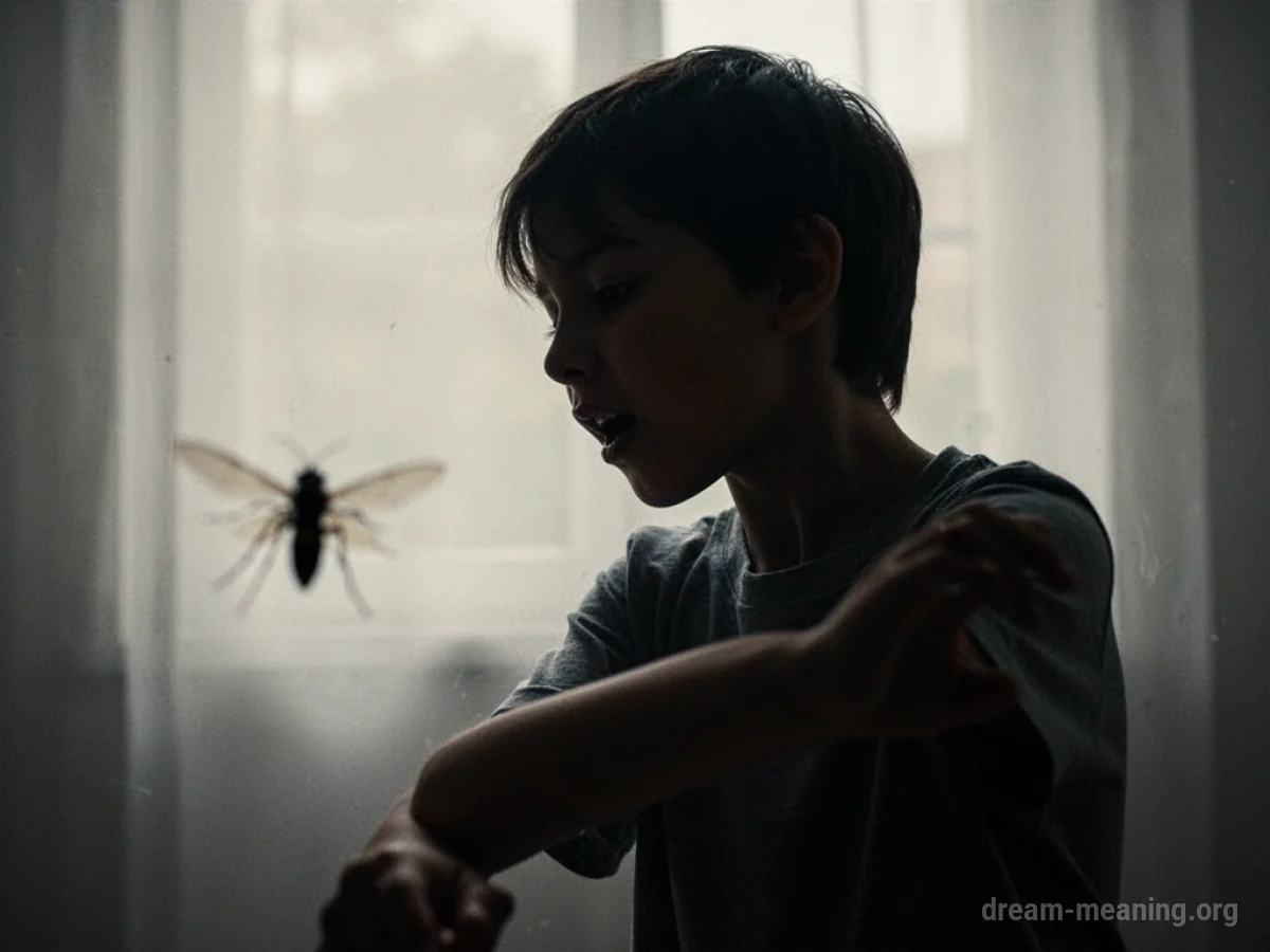Silhouette of a person reacting to something near their arm, with a hazy insect shape.